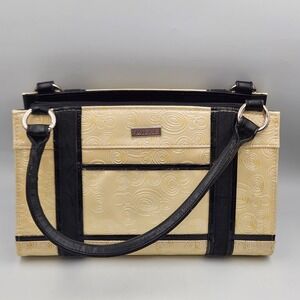 Miche Satchel Handbag Cream Black Embossed Pattern Medium Structured Bag